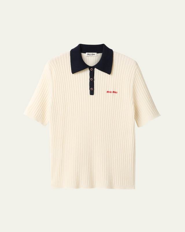 Ribbed Short Sleeve Polo Cashmere Shirt